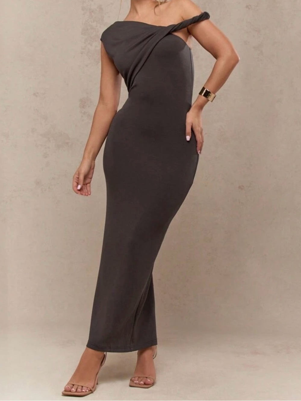 One-Shoulder dark brown Bodycon Maxi Dress